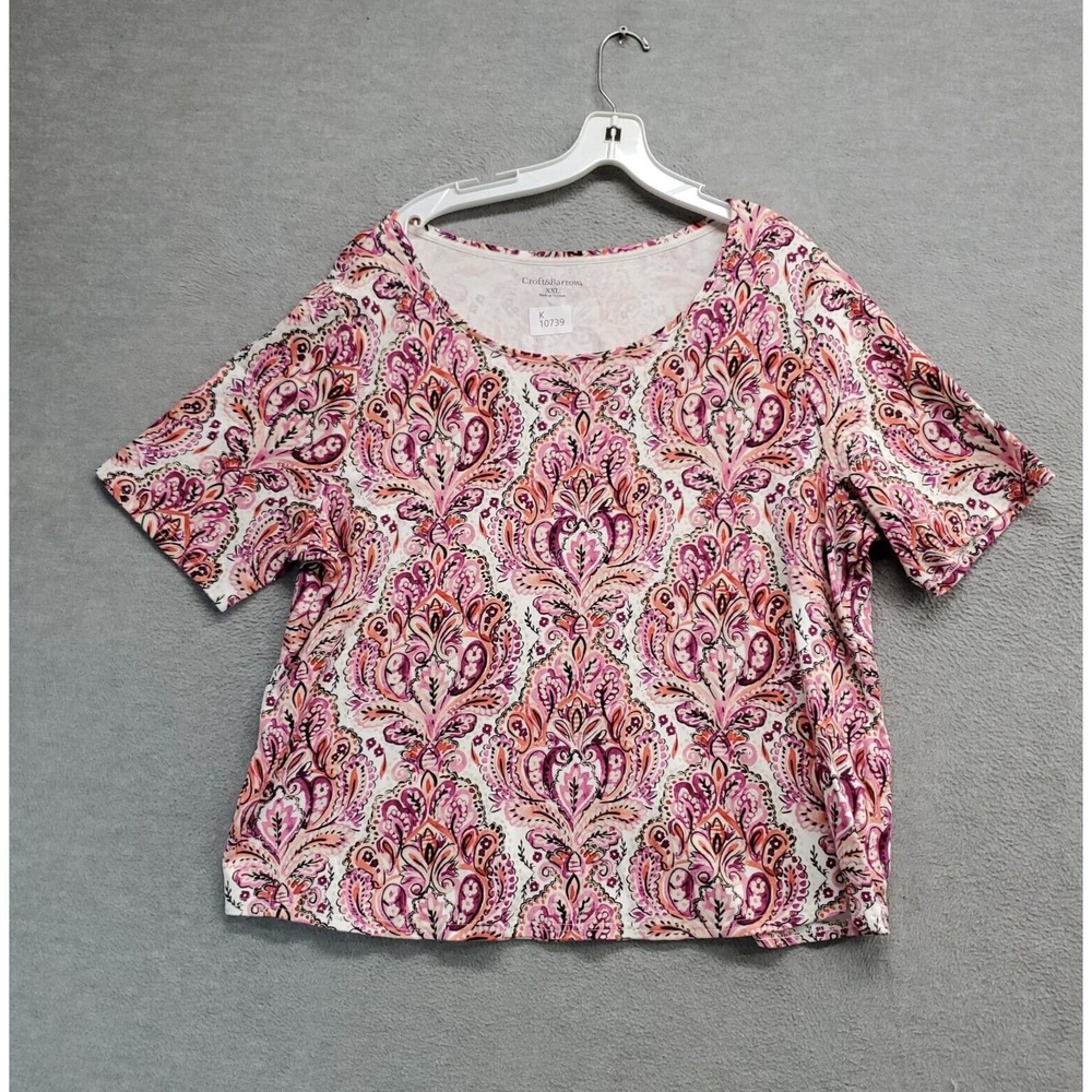 Croft & Barrow Women Top 2XL Red Paisley Crew Neck Short Sleeve‎ Shirt